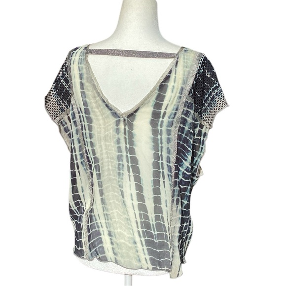 Burning Torch Upcycled Silk Blouse in Tie Dye Indigo on light Gray mesh detail - Picture 2 of 16